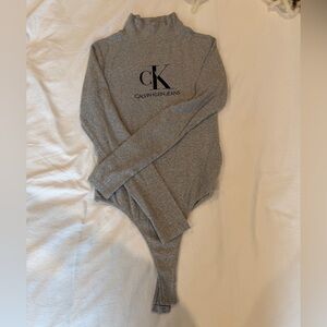 Calvin Klein Gray Turtleneck Mock Neck Logo Bodysuit Size Small
